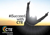 #iSucceed with CTE image: silouette of a person with their hands in the air pointing up with the index fingers